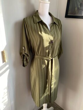 Ashley Blue Olive Green Striped Midi Shirt Dress